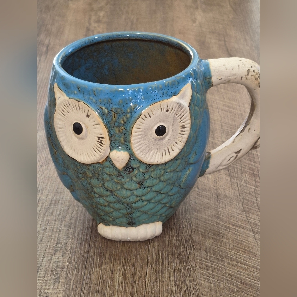 Pacifica Home 3D Owl Mug Large 18 oz Teal, Green, Brown Glazed w/ Unglazed Eyes